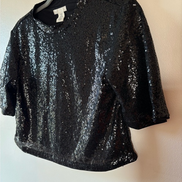 H&M Black Sequin Crop Top T-Shirt, Party Top - Picture 2 of 6
